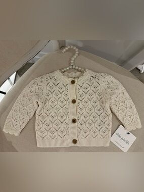 🦢 Newborn Organic Cotton Ivory Knit Cardigan Sweater With Scallop Trim NWT